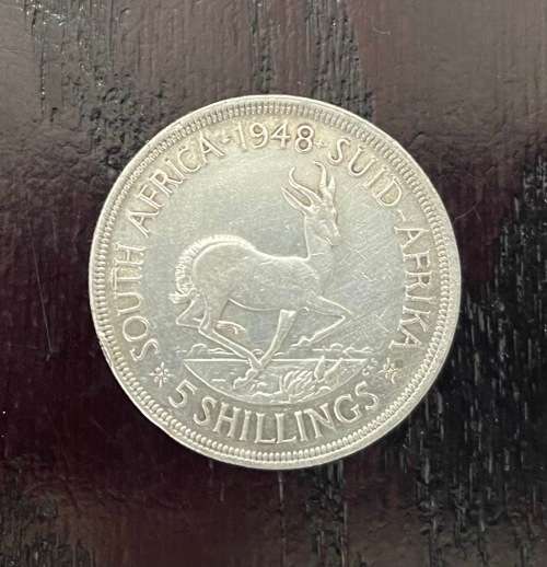 1948 Union of  South Africa - 5 Shilling Silver coin - Circulated, 28 Grams (UNI1)