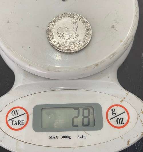 1948 Union of  South Africa - 5 Shilling Silver coin - Circulated, 28 Grams (UNI1)
