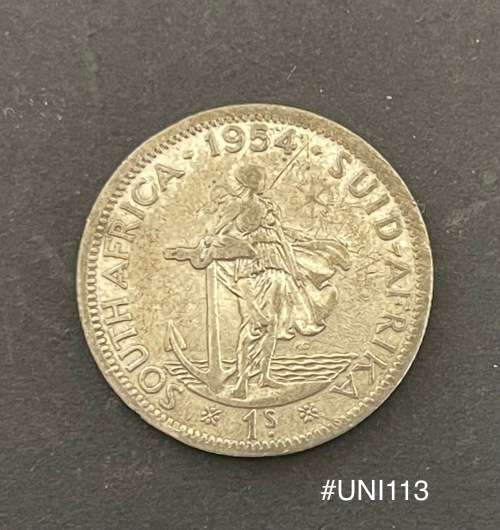 1954 Union of  South Africa - 1 Shilling Silver coin - Circulated, 6 Grams (UNI113)