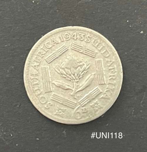 1943 Union of  South Africa - 6d. Silver coin - Circulated, 2 Grams (UNI118)