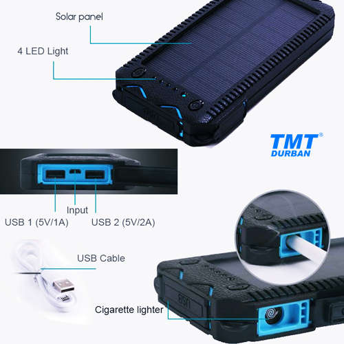 12 000mAh Solar Powerbank with Dual LED Flashlight & Electronic Cigarette Lighter