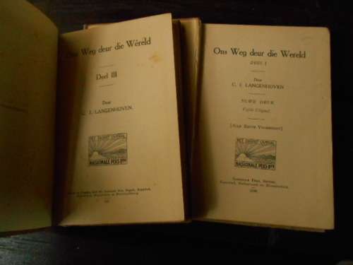 CJ LANGENHOVEN -  2 BOEKE ONS  WEG DEUR DIE  WERELD  DEEL 1 EN 3 HARDEBAND BOEKE