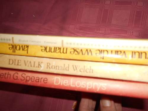 4 afrik boeke - 1.Towergoud  EVermeulen, 2.Die valk -  Welch, 3. Vuur wyse manne 4. Die Losprys