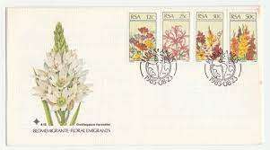 SOUTH AFRICAN FIRST Day Cover 1985  FLORAL EMIGRANTS 4.13  with card and 4 unused stamps