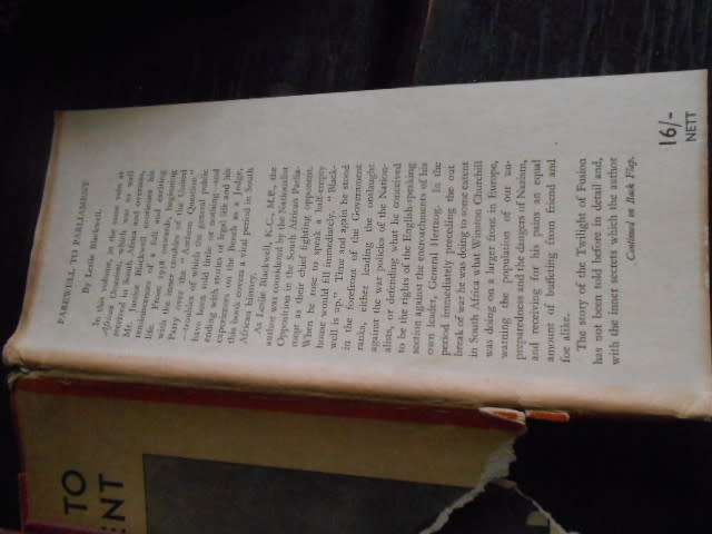 Farewell to Parliament - Leslie Black  Shuter & Shooter Pietermaritzburg 1946 illus hardback