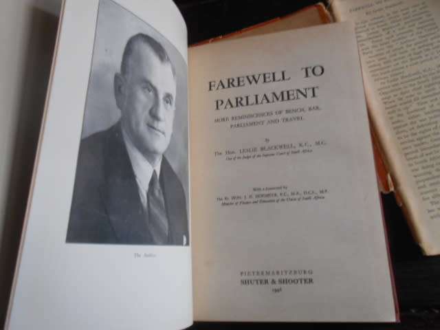 Farewell to Parliament - Leslie Black  Shuter & Shooter Pietermaritzburg 1946 illus hardback