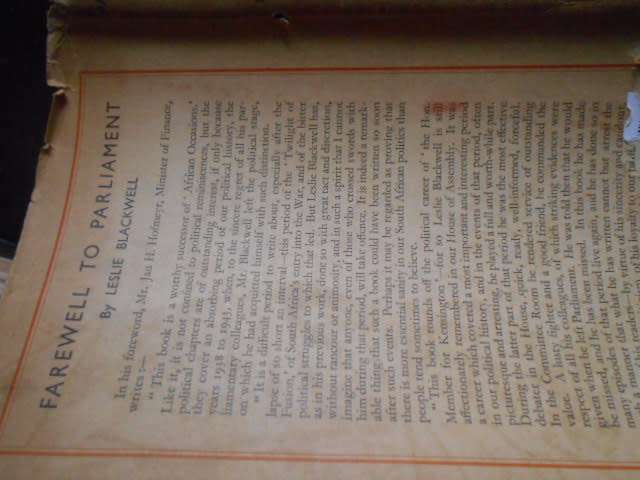 Farewell to Parliament - Leslie Black  Shuter & Shooter Pietermaritzburg 1946 illus hardback