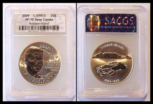 2009 PF70 NELSON MANDELA SILVER 1oz  ROBBEN ISLAND SACGS GRADED DEEP CAMEO