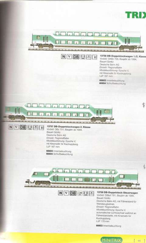 SET TRIX N GAUGE FOUR DB DOUBLE DECK WAGONS 13756/7 AND FLEEISCHMANN STEUERWAGEN