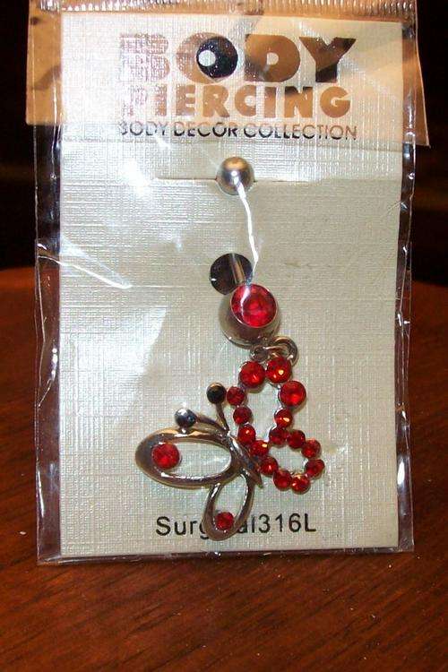 BODY PIERCING - RED BUTTERFLY BELLY BAR