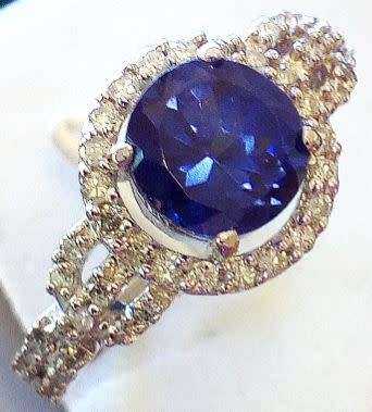 Diamond and Tanzanite Gold Halo Ring - Certified - FREE SHIPPING