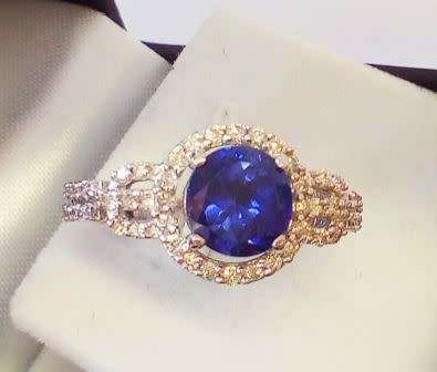 Diamond and Tanzanite Gold Halo Ring - Certified - FREE SHIPPING