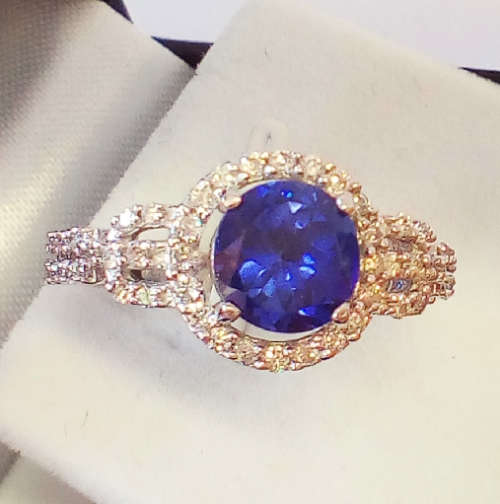 Diamond and Tanzanite Gold Halo Ring - Certified - FREE SHIPPING