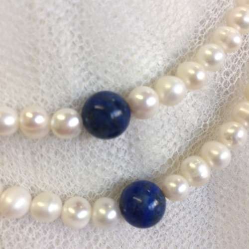 DOUBLE STRAND GENUINE PEARL AND LAPIS LAZULI NECKLACE - STUNNING!