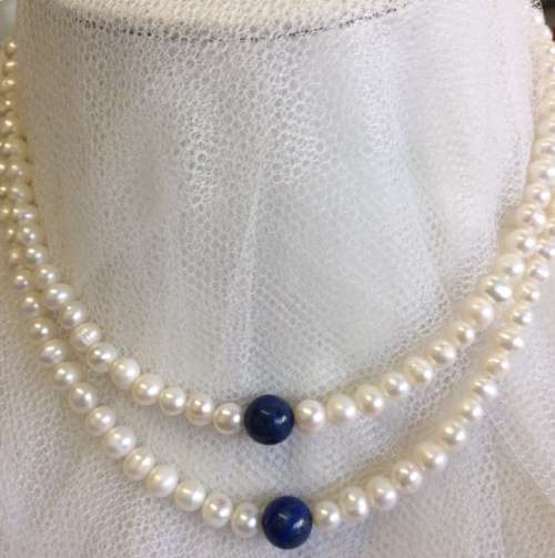DOUBLE STRAND GENUINE PEARL AND LAPIS LAZULI NECKLACE - STUNNING!