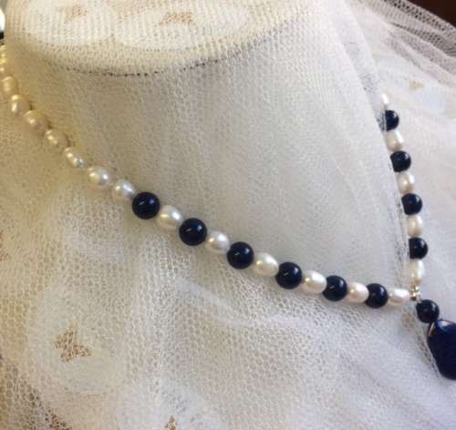 STOCK CLEARANCE! Pearl and Lapis Lazuli Teardrop Necklace - Love this design!