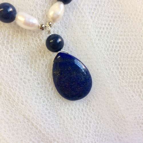 STOCK CLEARANCE! Pearl and Lapis Lazuli Teardrop Necklace - Love this design!