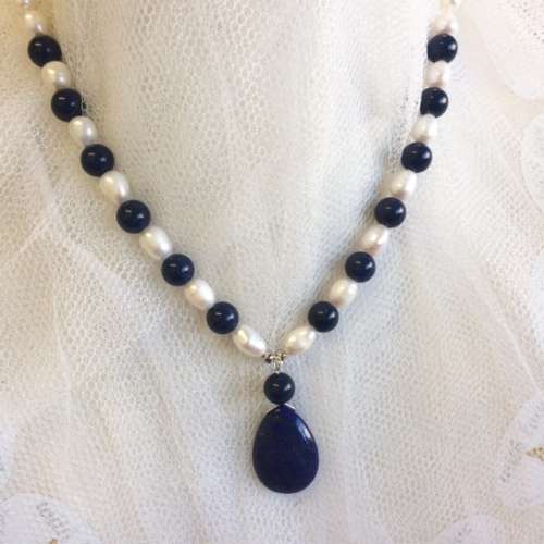 STOCK CLEARANCE! Pearl and Lapis Lazuli Teardrop Necklace - Love this design!
