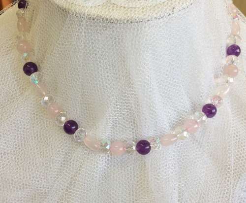 Unique! Genuine Amethyst, Rose Quartz & Crystal Necklace & Bracelet set - Beautiful Quality Stones