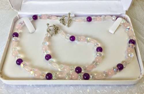 Unique! Genuine Amethyst, Rose Quartz & Crystal Necklace & Bracelet set - Beautiful Quality Stones