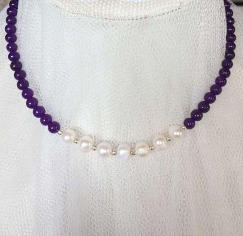 SALE! Genuine Pearl and Purple Malaysian Jade Necklace - Stunning Colours