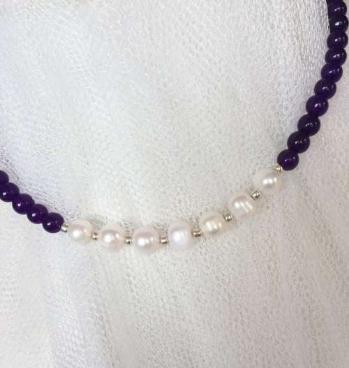 SALE! Genuine Pearl and Purple Malaysian Jade Necklace - Stunning Colours