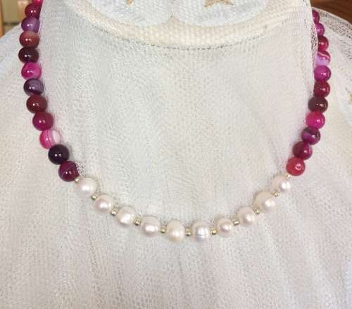 SALE! Genuine Pearl and Pink Agate Necklace - Stunning!