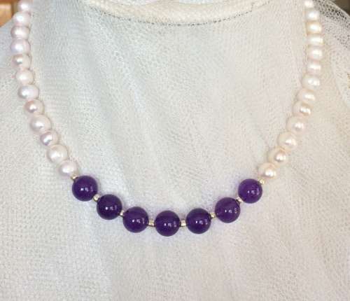 Genuine Pearl and Purple Jade Necklace - Lovely big pearls!