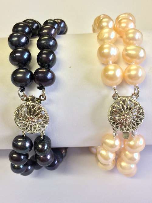 Genuine Pearl Double Strand Bracelet - Peach or Black Pearls - So Elegant
