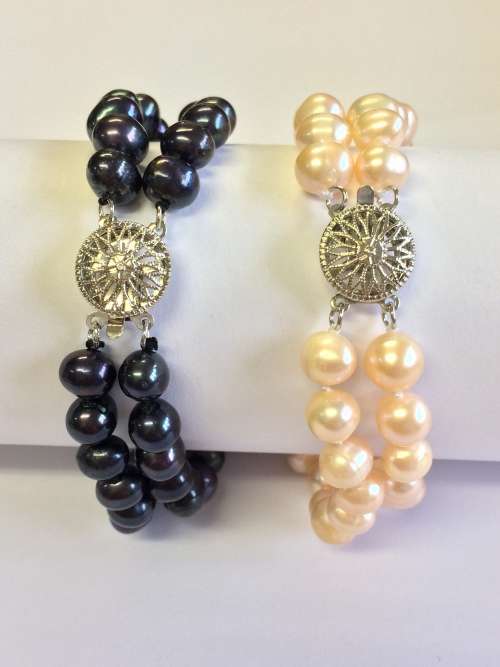 Genuine Pearl Double Strand Bracelet - Peach or Black Pearls - So Elegant