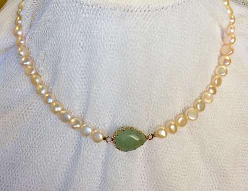 SALE! Genuine Pearl and Green Aventurine Necklace - Unique!
