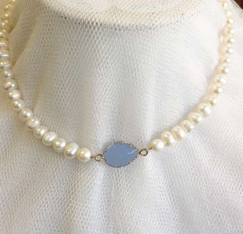 Blue Lace Agate & Freshwater Pearl Necklace - Unique!