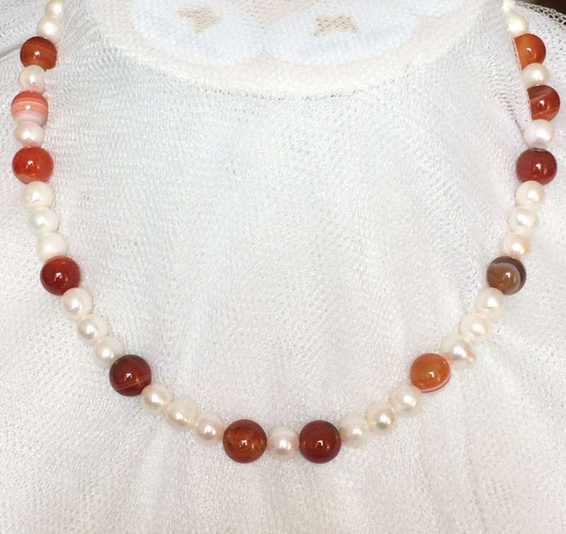 Genuine Pearl and Orange Agate Necklace - Beautiful