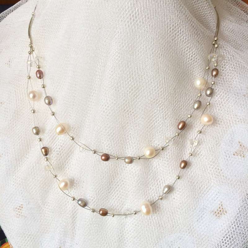Double Floating Genuine Pearl & Crystal Necklace