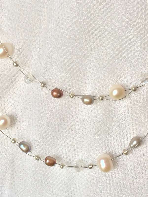 Double Floating Genuine Pearl & Crystal Necklace