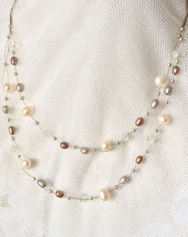 Double Floating Genuine Pearl & Crystal Necklace