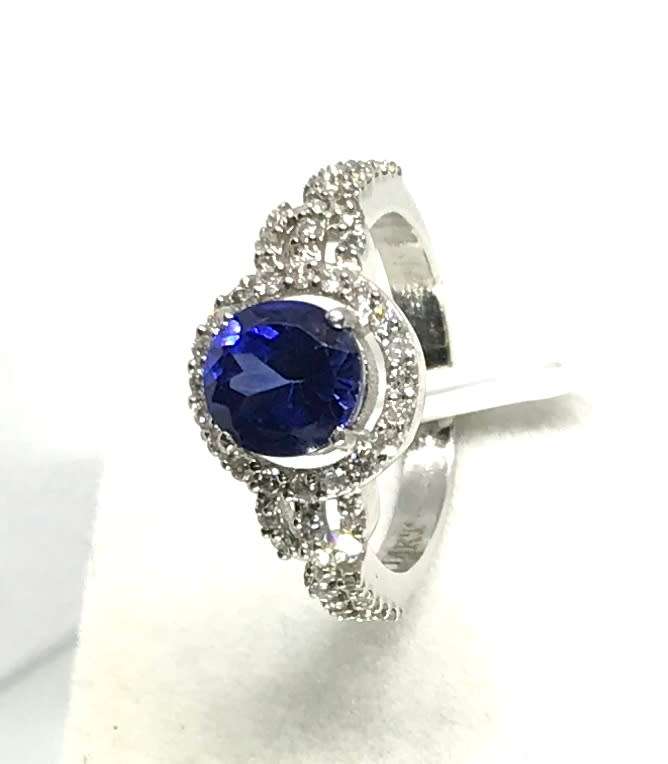Diamond and Tanzanite Gold Halo Ring - Certified - FREE SHIPPING