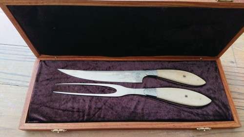 Fancy Handmade Carving Knife and Fork in Wooden Box