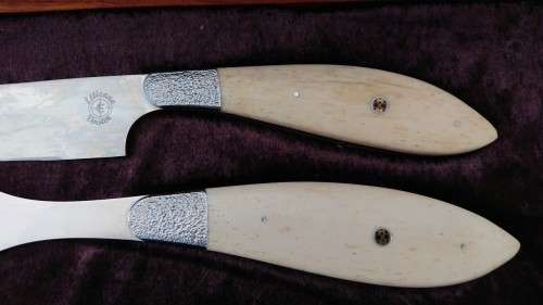 Fancy Handmade Carving Knife and Fork in Wooden Box