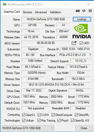 Gigabyte GeForce GTX 1060 WINDFORCE OC 6GB GDDR5 (Excellent Condition)