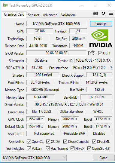 Gigabyte GeForce GTX 1060 WINDFORCE OC 6GB GDDR5 (Excellent Condition)