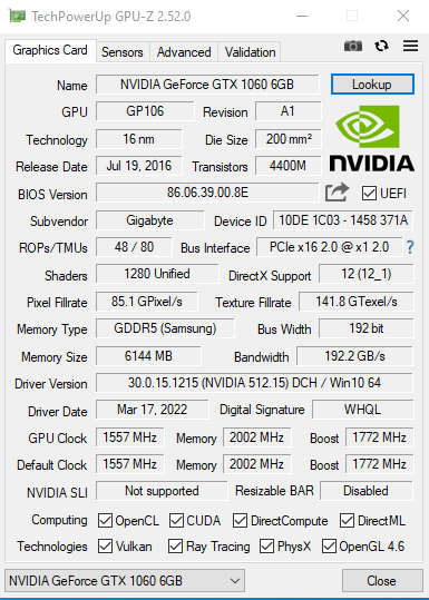 Gigabyte GeForce GTX 1060 WINDFORCE OC 6GB GDDR5 (Excellent Condition)