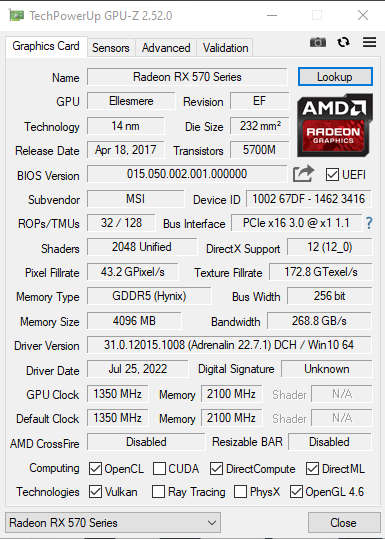 MSI AMD Radeon RX 570 4 Gb graphics card for sale