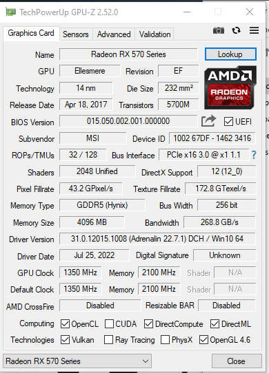 MSI AMD Radeon RX 570 4 Gb graphics card for sale