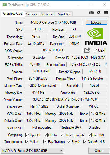 Gigabyte GeForce GTX 1060 WINDFORCE OC 6GB GDDR5 192-bit PCI-E 3.0 Desktop Graphics Card (Excellent