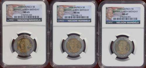 Nelson Mandela 90th Birthday R5 new colour label 1 x MS67 + 1 x MS66 + 1 x MS65***DON"T MISS OUT!***