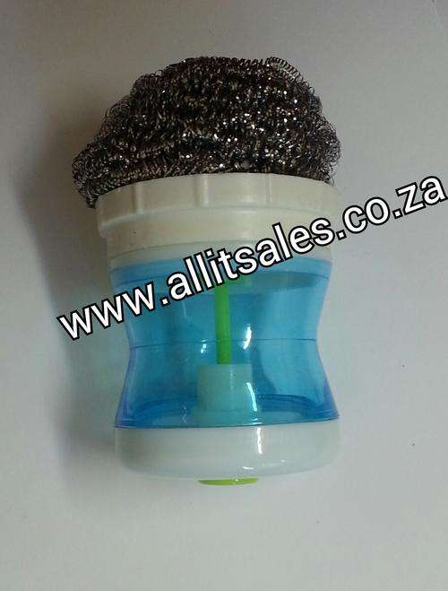 DISHWASHING POT SCOURER WITH SOAP DISPENSER - BLUE