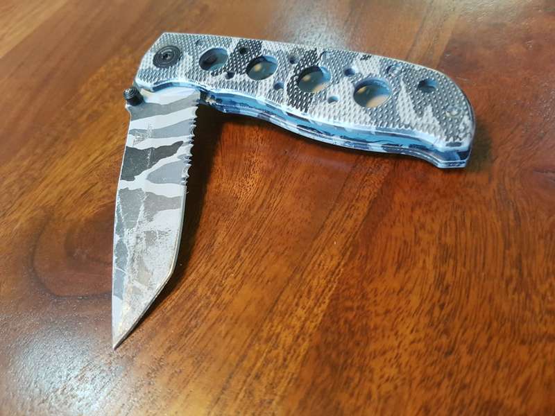 Grey Camo Tactical Partially Serrated Folding Knife - CLEARANCE