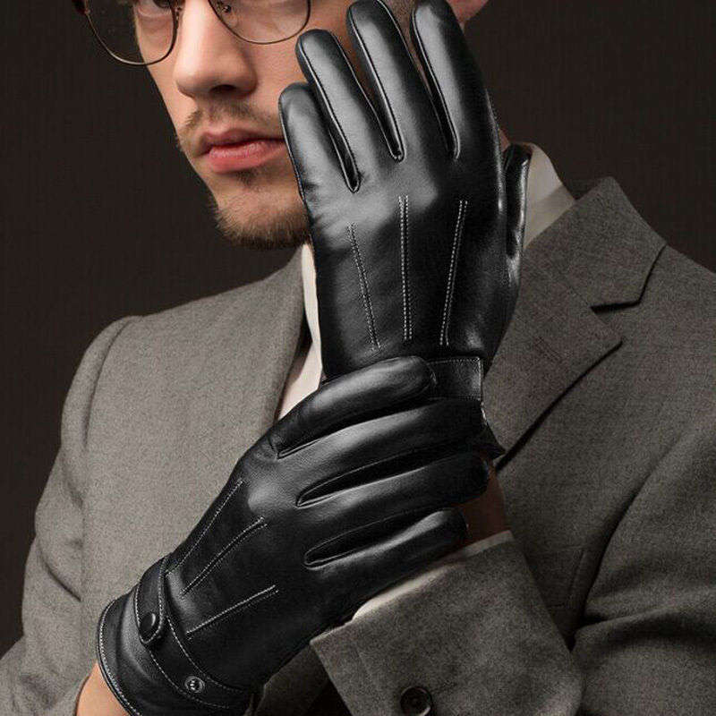 Warm Touch Screen Capable Black PU Leather + Cashmere Gloves - Large - CLEARANCE SALE