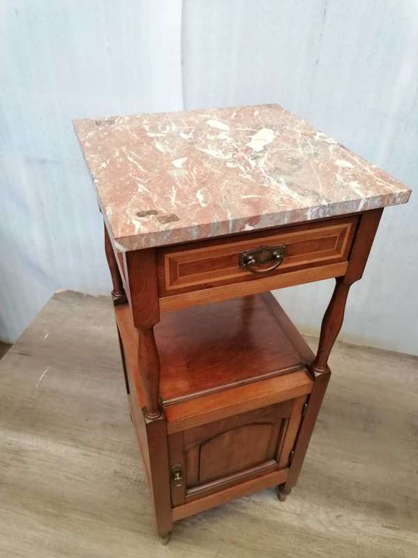 Antique Tall Mahogany and Inay Nightstand/ Cabinet with Marble top